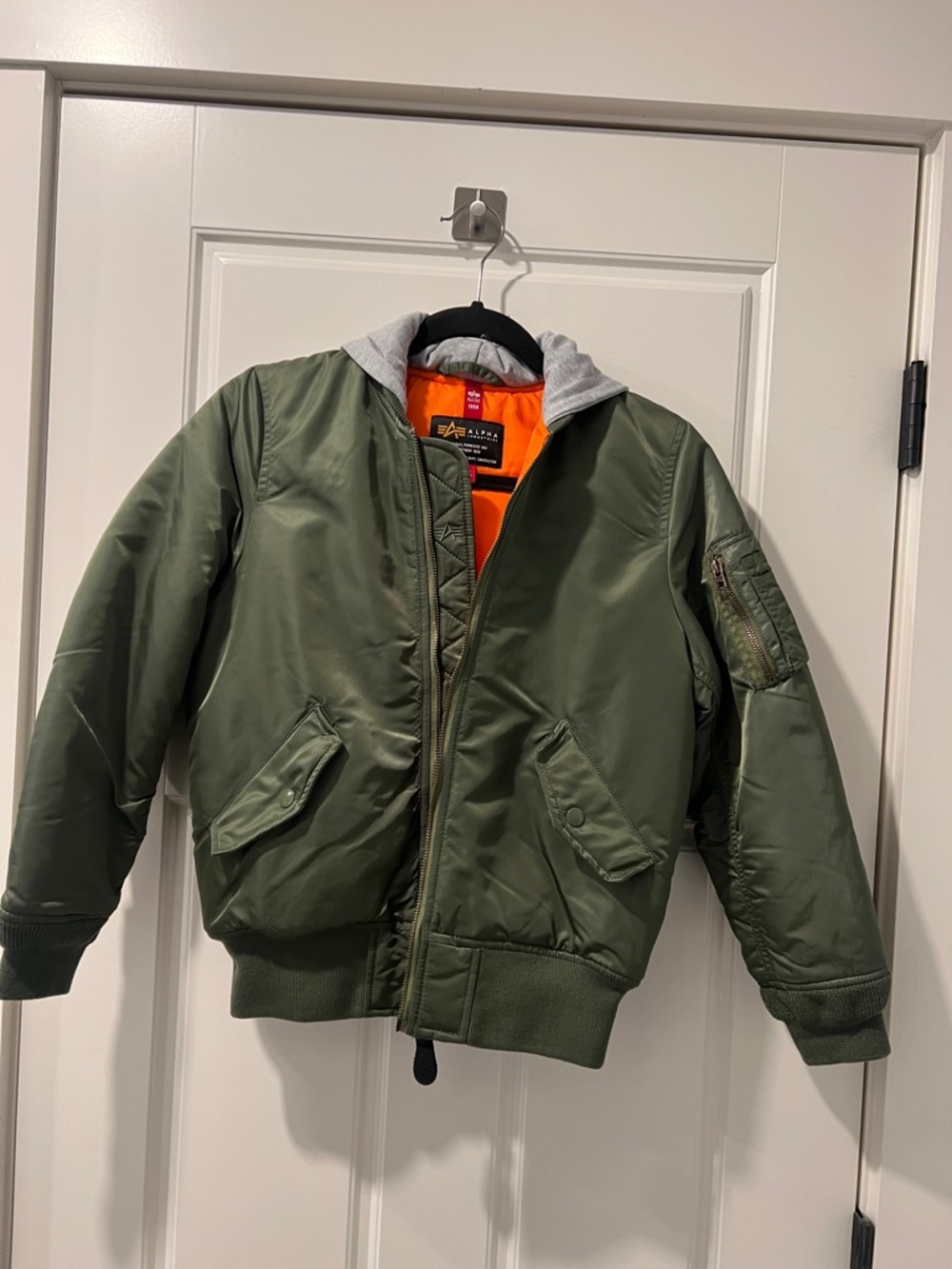 Alpha Industries Kids Olive Green Bomber Jacket with Gray Hood and Orange Lining
